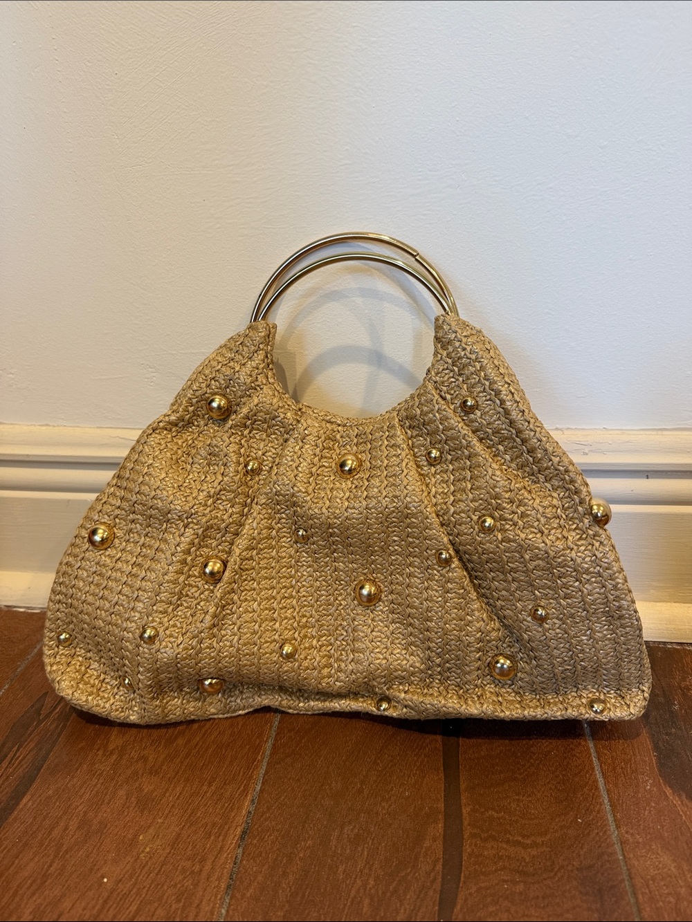 Commense Woven Straw Shoulder Bag with Gold Studs - Tan